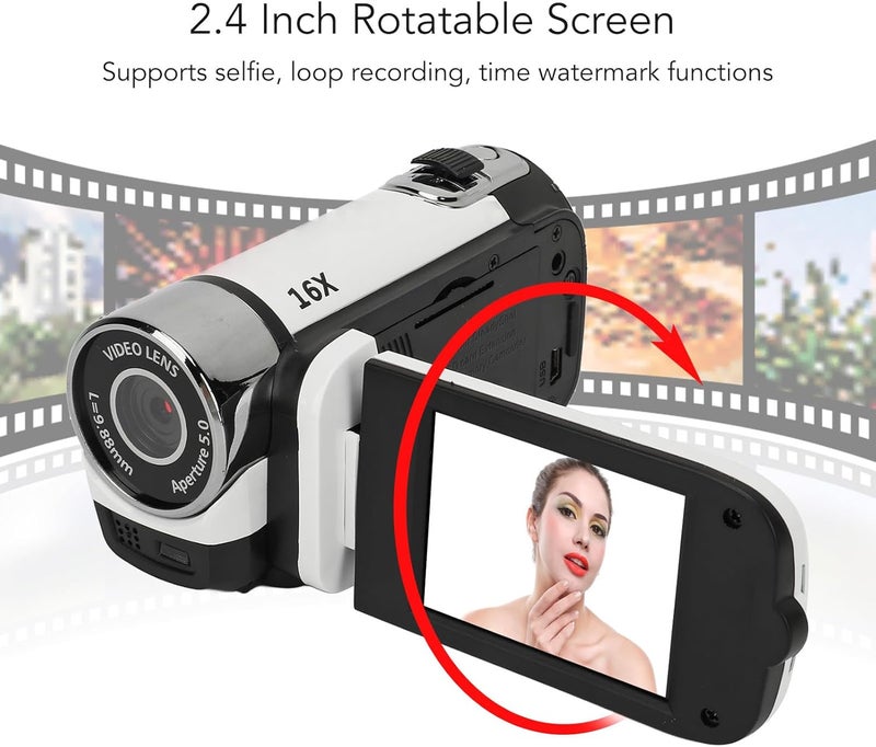 Bewinner D90 Digital Video Camera - 1080P 16MP Handheld Video Camcorder 16x Digital Zoom Video Camera with 2.7in TFT Rotatable Screen, HD Video Recorder Camera with Fill Light (White) - Image 3